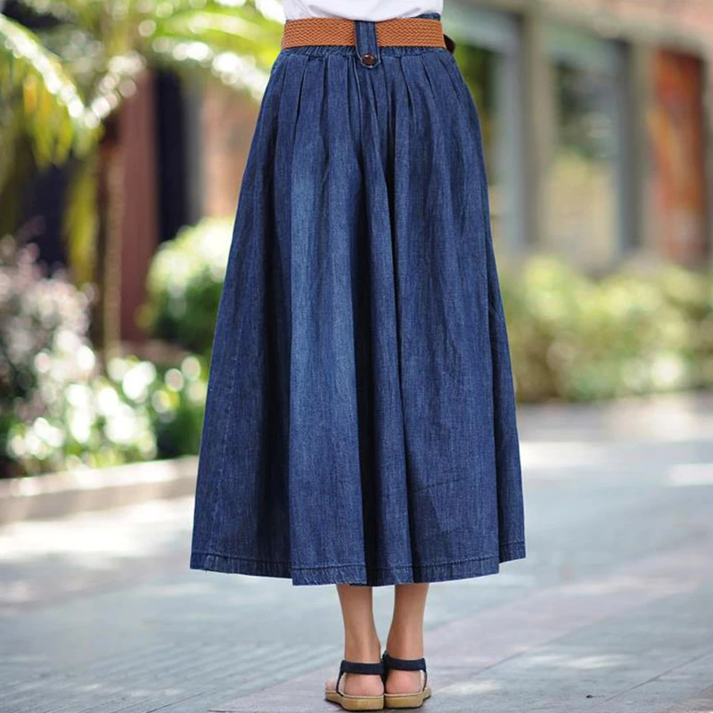 Летняя джинсовая юбка, джинсовые женские юбки, длинные джинсовые юбки с высокой талией, повседневная юбка в стиле ампир, синяя тонкая плиссированная юбка размера плюс 5XL 6XL
