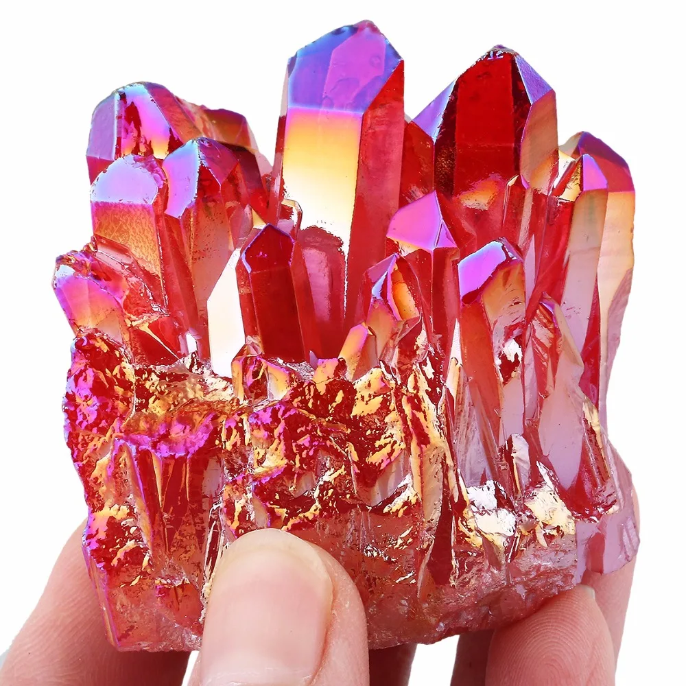 TUMBEELLUWA Red Angel Aura Titanium Coated Natural Crystal Cluster Stone Specimen Figurine