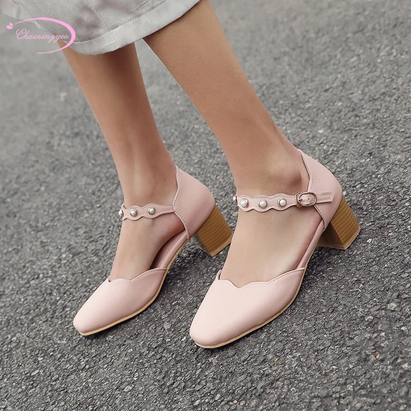

European street style comfortable square toe summer sandals fashion beaded buckle beige blue pink medium with women's shoes
