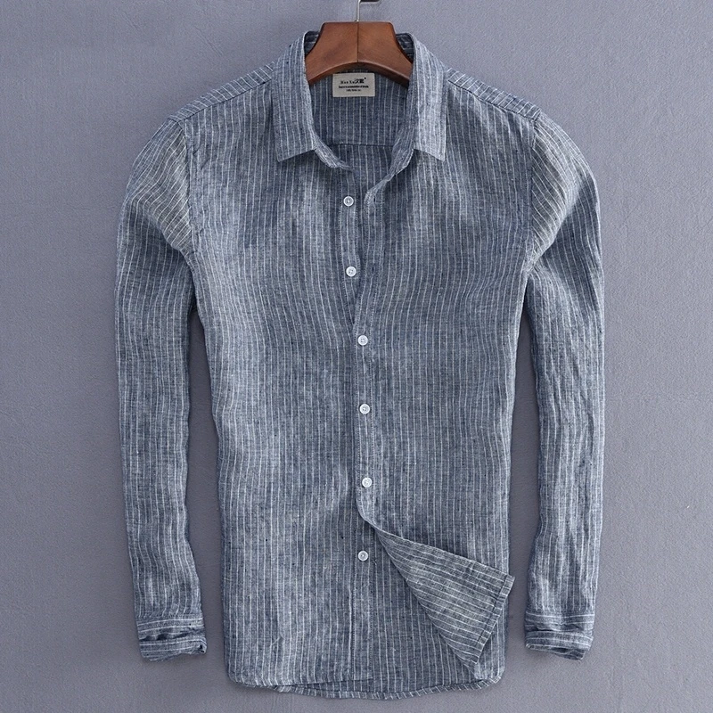 Acheter 2018 Nouvelle Arrivée Hommes Mode En Lin À Rayures Chemise Homme à manches Longues Décontracté De Qualité Supérieure Fluide Slim Fit Chemise Basique importer des Vêtements