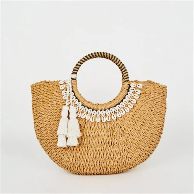 

2019 New Summer Handmade Bags Women Shell Beach Weaving Ladies Straw Bag Wrapped Beach Bag Moon Shaped Bag tassel