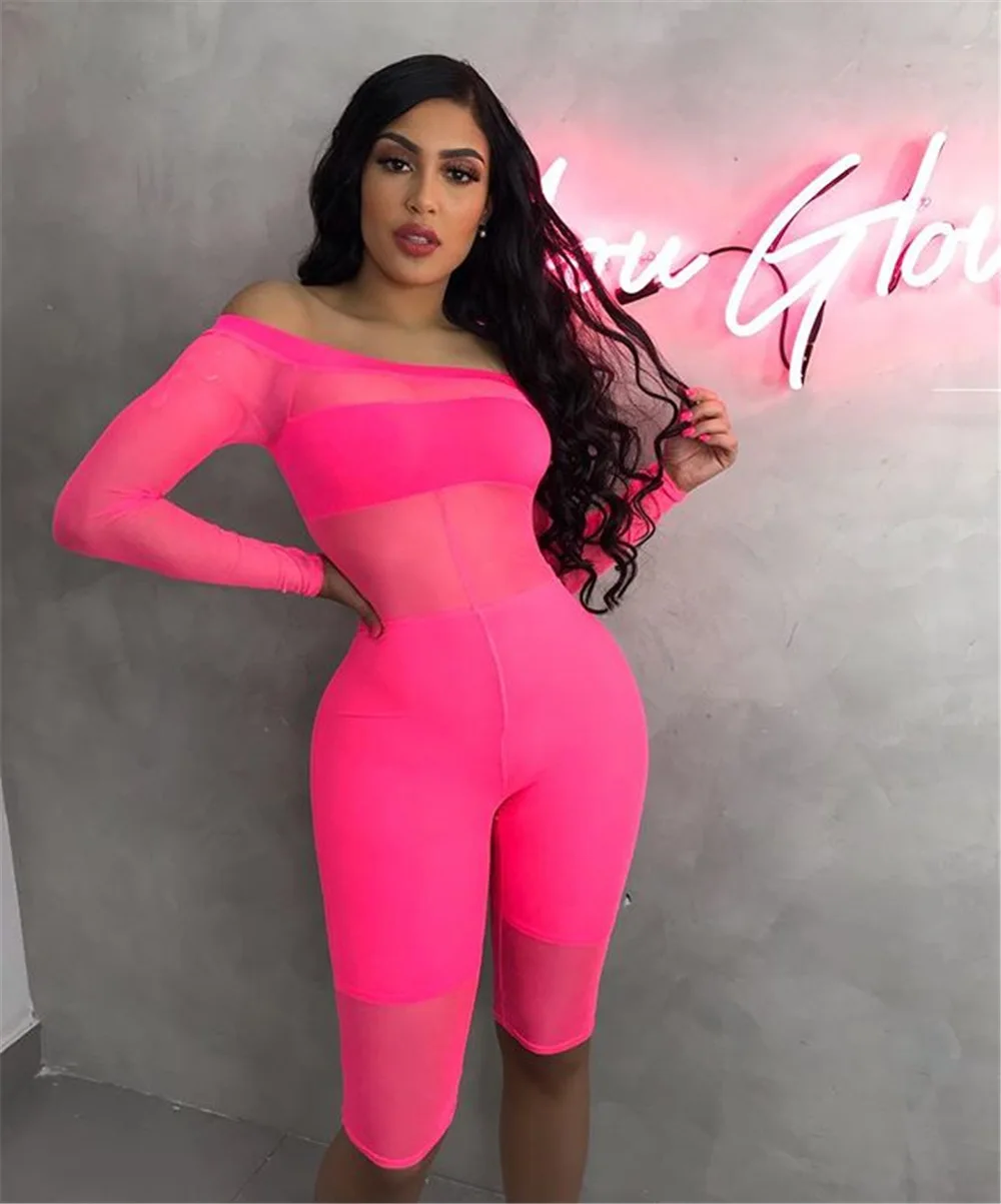 

BKLD Women Three Piece Outfits Neon Color Women Tracksuits Tube Crop Tops Shorts And Mesh Off Shoulder Rompers Three Piece Set