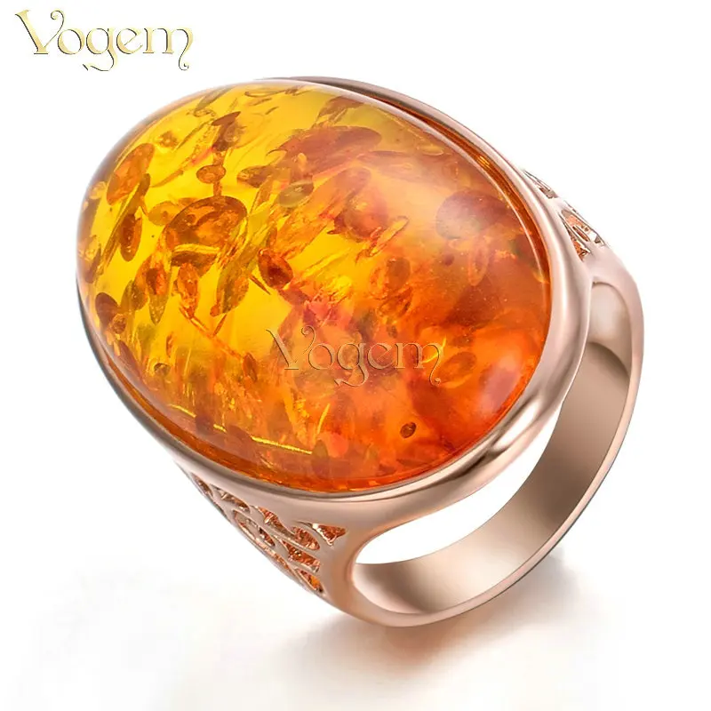 VOGEM Yellow Resin Ring 18 K Rose Gold Plating Retro Big Oval Hollow Transparent Natural Stone
