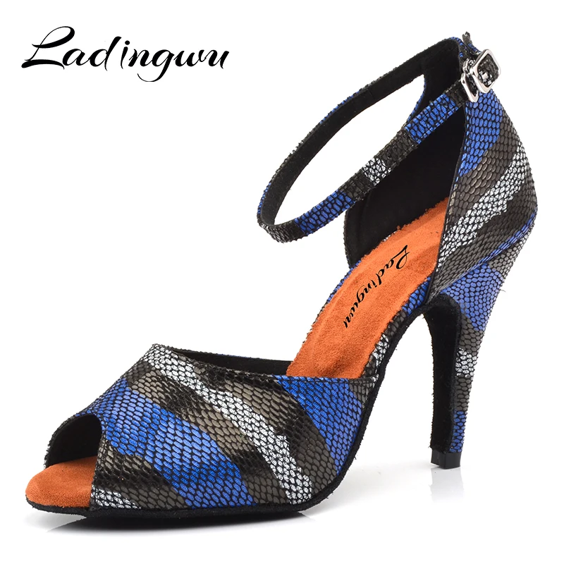 

Ladingwu New Brand Latin Dance Shoes Snake texture PU Profession Salsa Shoes Dance Sandals Ballroom Dancing Shoes Soft Bottom