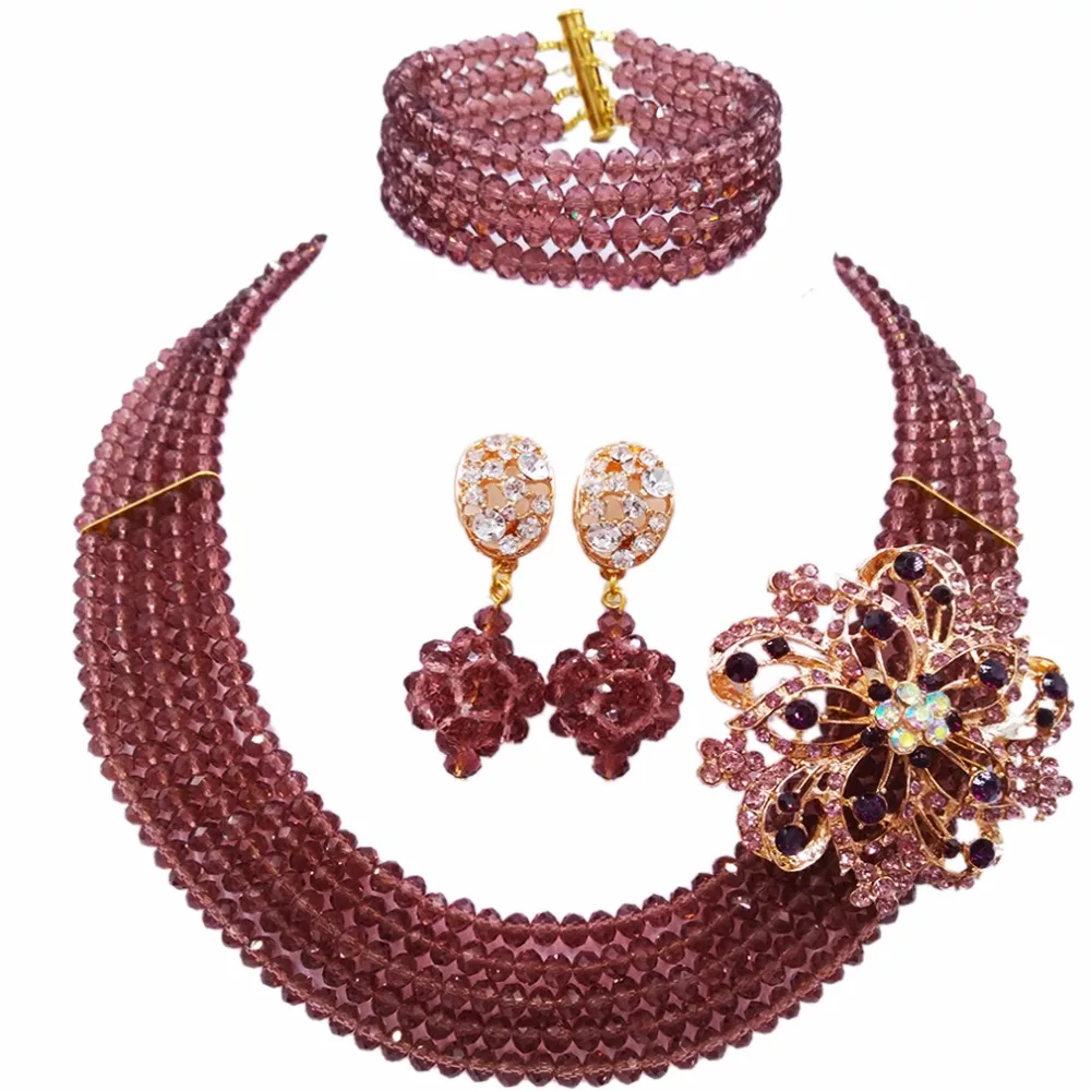 Fashion Dark Purple Crystal Beaded Multi Strands Necklace Nigerian Wedding African Beads Jewelry Set for Women 5L-DS006 | Украшения и