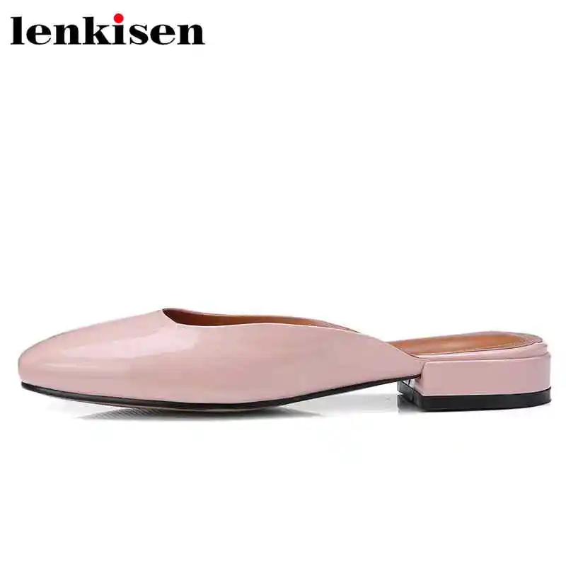 

Lenkisen patent leather square toe customized solid mules ankle strap slip on low heels fairy wedding meeting woman sandals L62