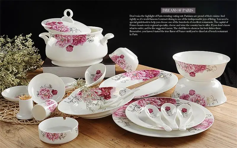

58pcs/lot, floral painting, real bone china dinnerware sets, ceramic chafing dish, food storage bento box, japanese dinner set