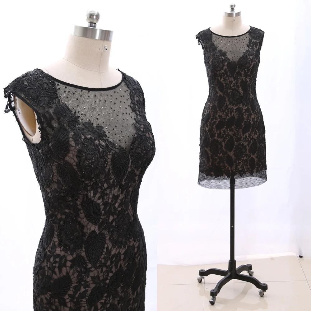 MACloth черный оболочка совок шеи длиной до колена Короткие Вышивка тюлевые платья для выпускного вечера платье L 265253 распродажа