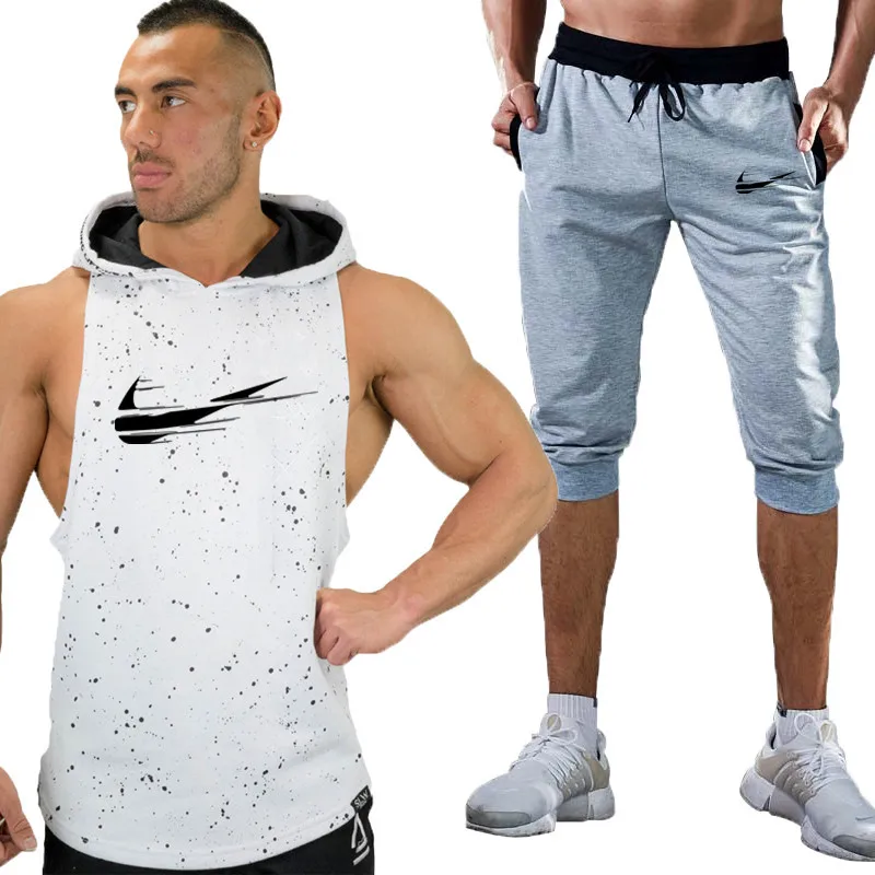 

2019 Fashion new brand tracksuit men Two Piece short pant+Hooded tank top summer cool Sweatshirts Suit Male chandal jogging Suit