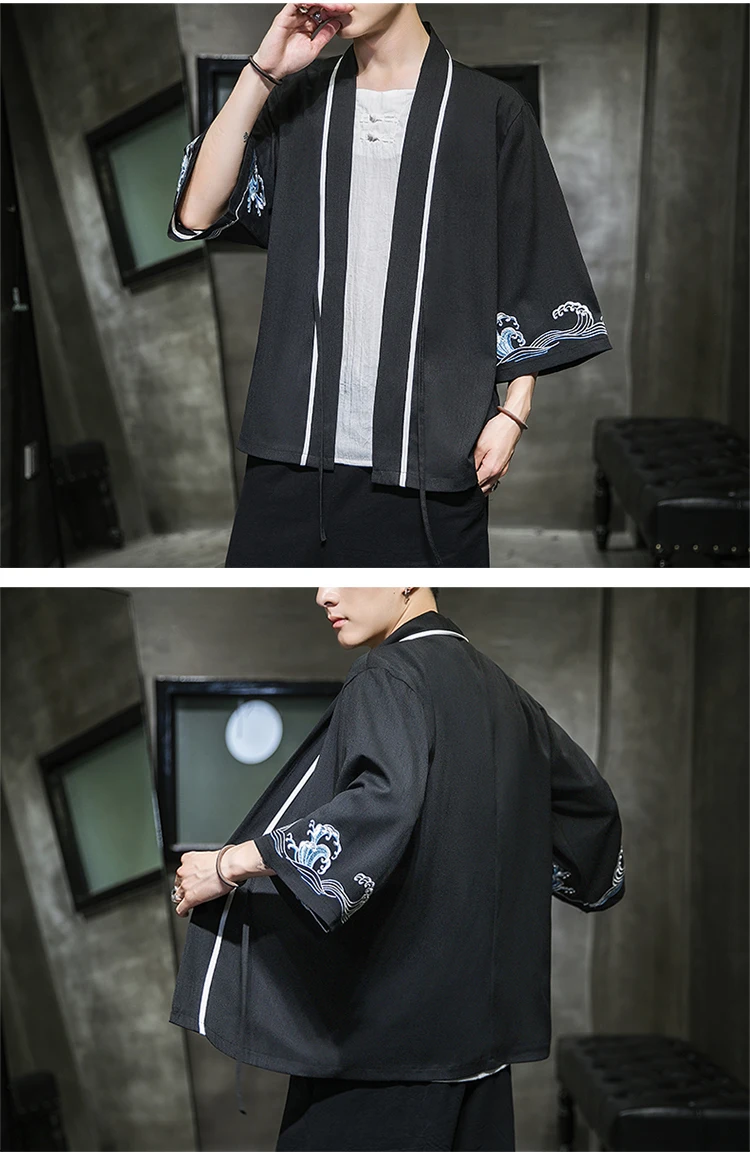 4393 уличная кимоно рубашки мужские летние Harajuku кимоно в винтажном стиле кардиган Мужская винтажная вышивка плюс размер 5XL белый черный