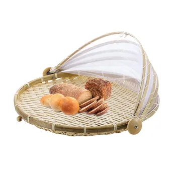 

1Pc Hand Woven Bug Proof Basket Dustproof Picnic Basket Handmade Fruit Vegetable Bread Cover Wicker Basket with Gauze