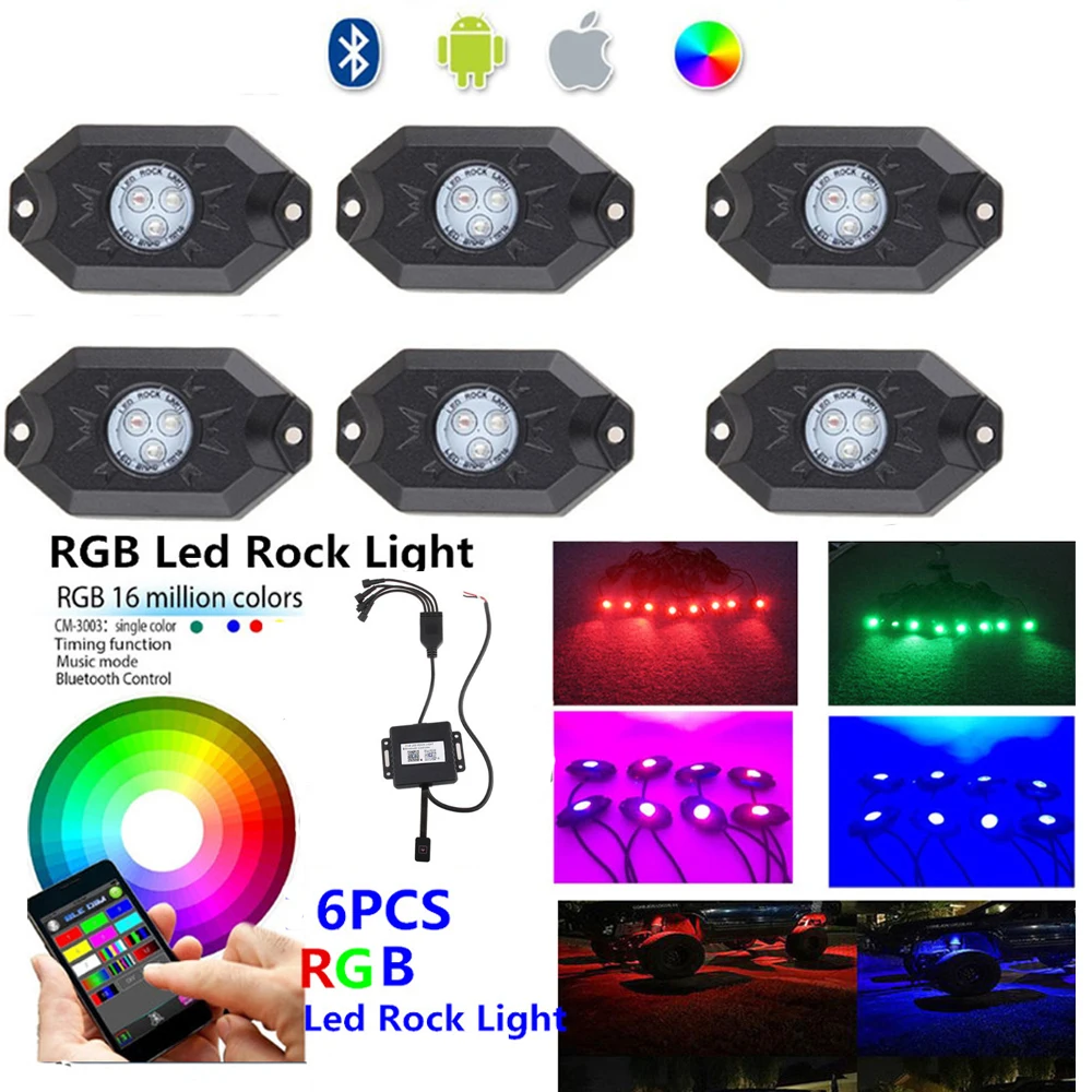 Honzdda 6PCS RGB Led Rock Lights with Bluetooth Control Strobe Flash