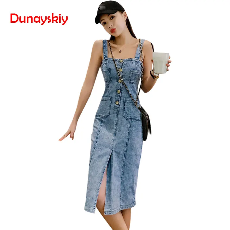 2019 Summer Women Denim Dress Sundress Cotton Overall Dress Jeans Dress with Slit Female Skinny Style Long Dresses