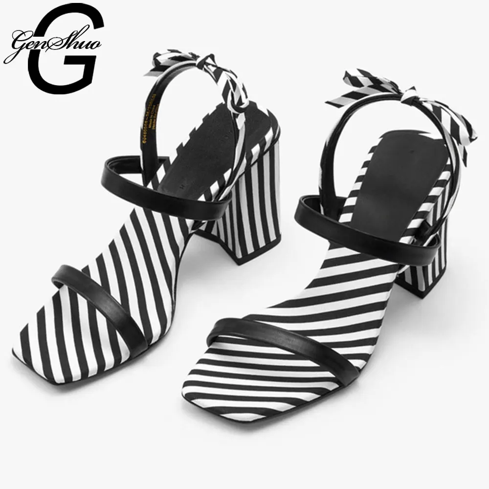 

GENSHUO Sexy Narrow Band High Heel Women Sandals Vintage Square Toe Slingback Sandals Women Elegant Slip on Bow Tie Women Shoes