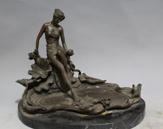 

wholesale factory 9"Western Art sculpture Bronze Marble Nude Belle lotus flower Ashtray Statue