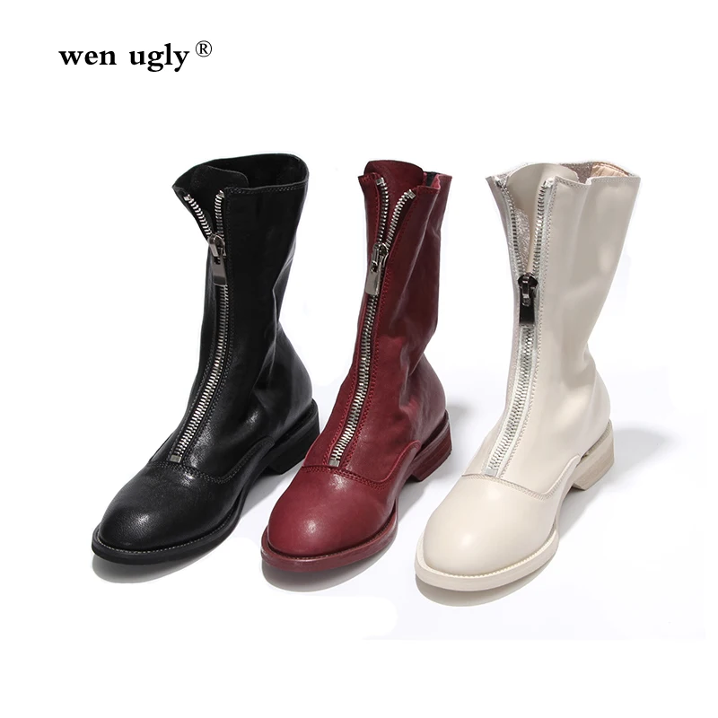 

wen ugly Women's winter boots leather and ankle boots zipper motorcycle boots 2019 new autumn boots black red large size 35-43