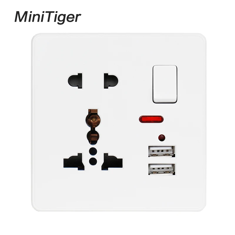 Minitiger 13A Универсальный 5 отверстий переключаемый выход 2.1A белый/черный/золотой настенный разъем питания двойной USB зарядное устройство Порт светодиодный индикатор