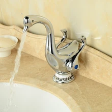 Cute Duck Shape Double Handles Waterfall Bathroom Basin Sink Faucet Deck Mount Brass Vanity Sink Mixer