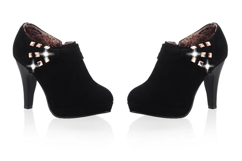 Женские ботинки из нубука; модные стразы, с бантом, круглый носок высокие шпильки ботильоны однотонные туфли-лодочки в стиле «Мэри Джейн»; - Цвет: black