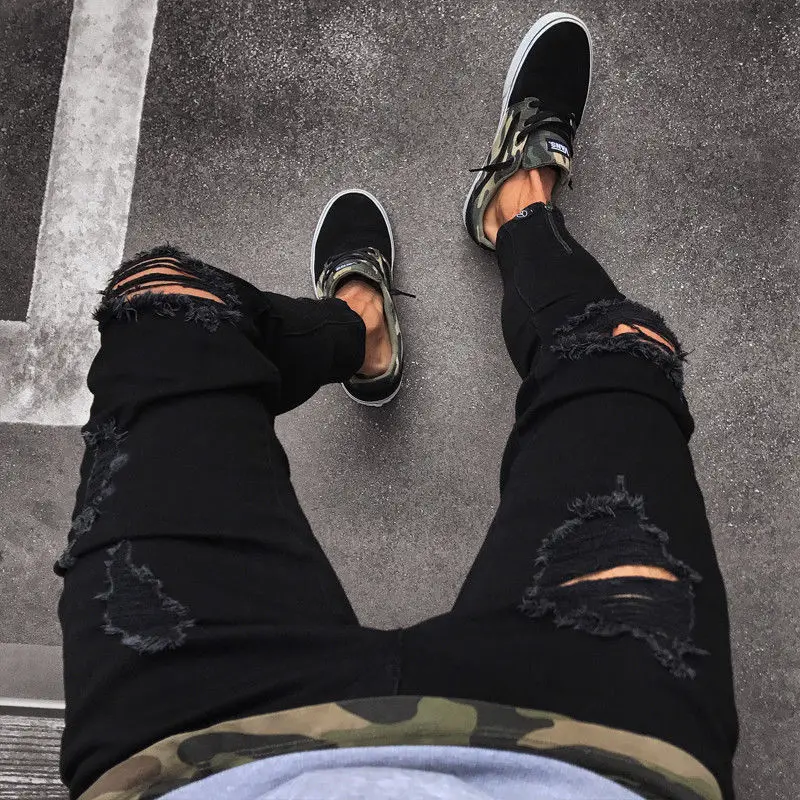 Мужские крутые дизайнерские брендовые черные джинсы, обтягивающие рваные Стрейчевые облегающие штаны в стиле хип-хоп с дырками для мужчин