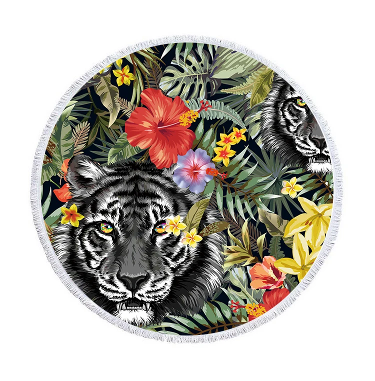 Fashion Tiger with Tropical Leaves Flower Style Beach Towel Newest Flamingo Portable Swimming Bath Drawstring Sport Yoga Blanket | Дом и сад