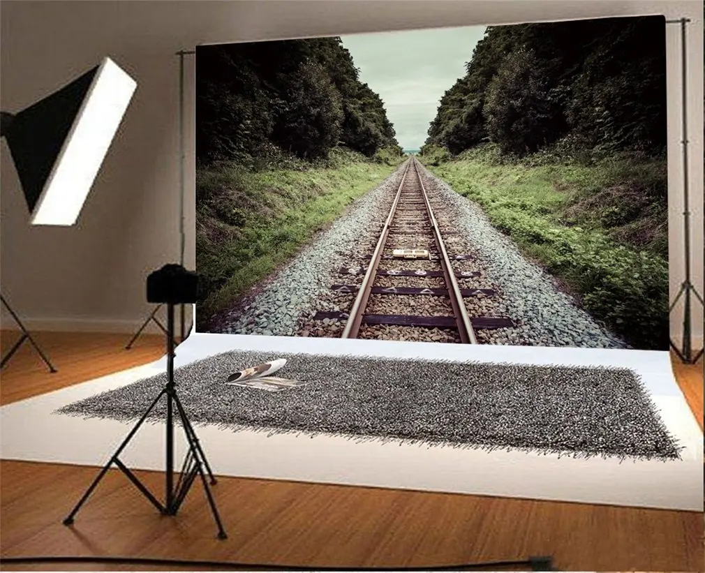 Photography Backdrop Nature Landscape Railroad Tracks Trees Green Grass Field Stones Travel Photo Background Party | Электроника