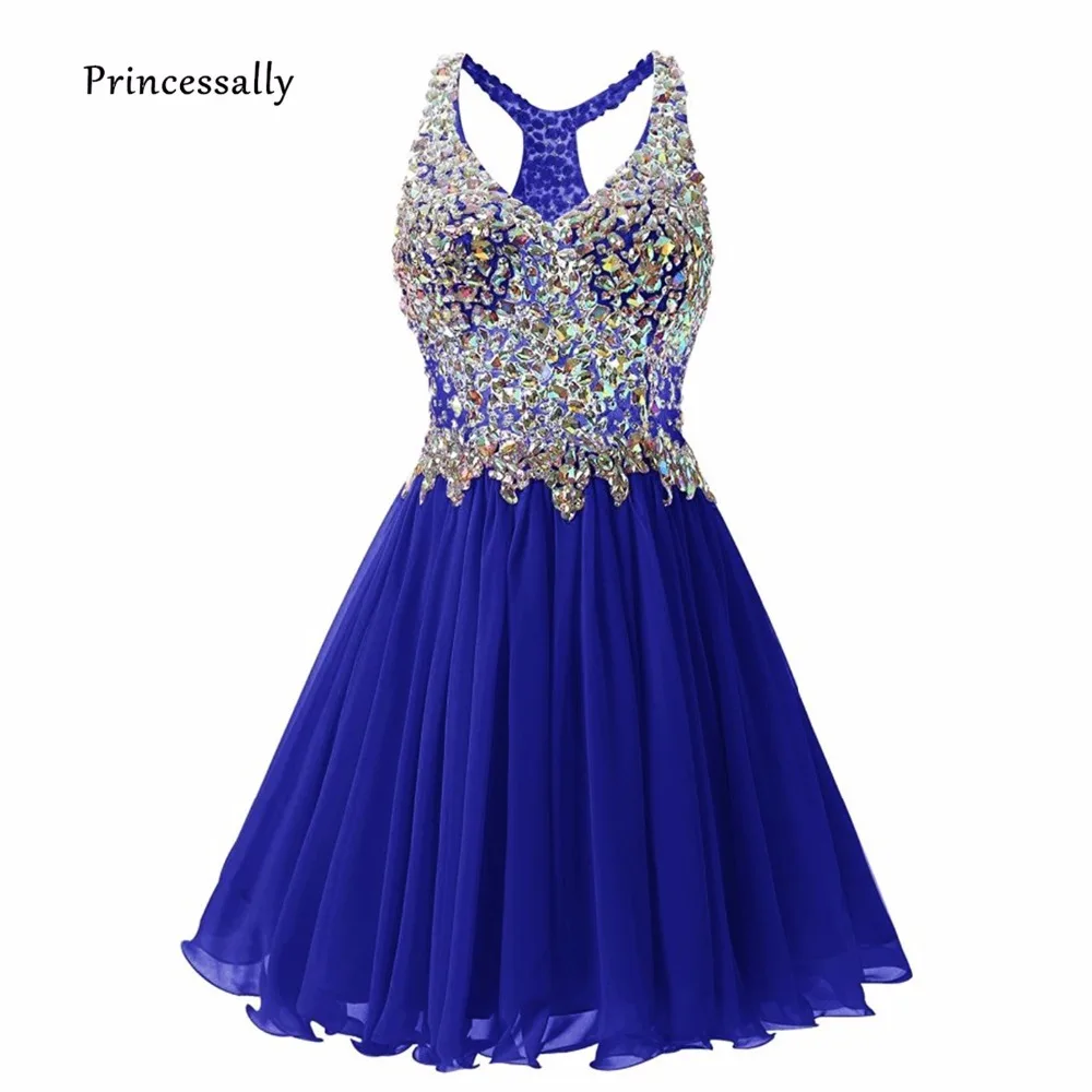 

Robe De Soriee New Short Prom Dress Shining Beading Sexy V neck Illusion Back Banquet Party Dress Evening Gown Vestido De Festa