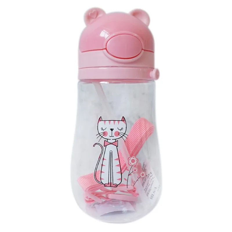 Милая Детская школьная чашка для питьевой воды с мультяшным животным, водная напольная чашка с плечевым ремнем 550 мл - Цвет: pink