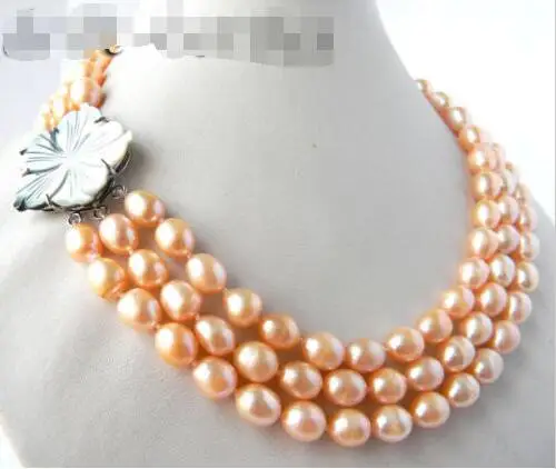 

Fashion girl jewelry 3Strands 18'' 9MM Pink Rice Freshwater Pearl Necklace