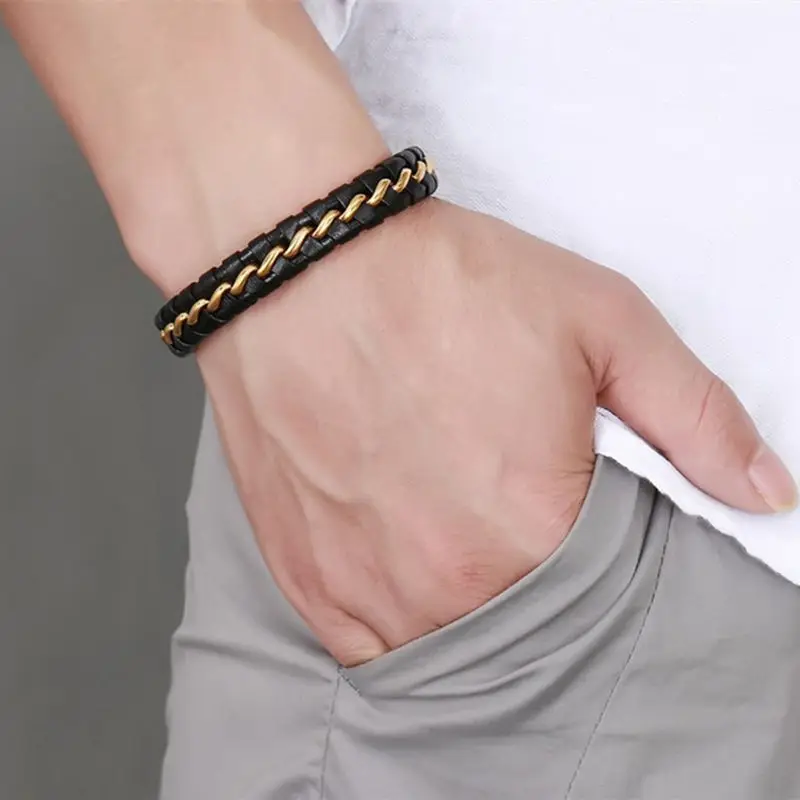 Новая мода черный/кожаный браслет мужские браслеты с магнитной пряжкой из нержавеющей стали