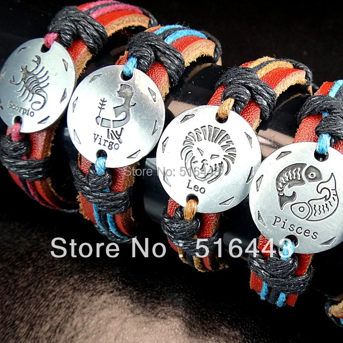 

12pcs Wholesale Fashion Jewelry Lots Natural Pure Leather Carving Constellation Bracelets Mens Women A-104
