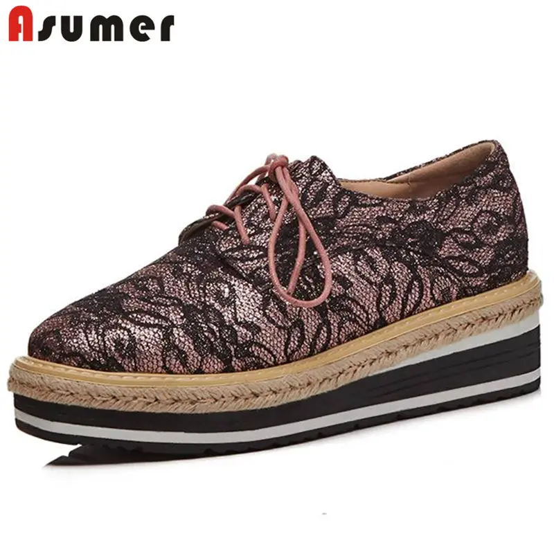 

ASUMER HOT 2018 fashion wedges pumps women quality synthetic lace up square toe platform summer shoes casual party shoes