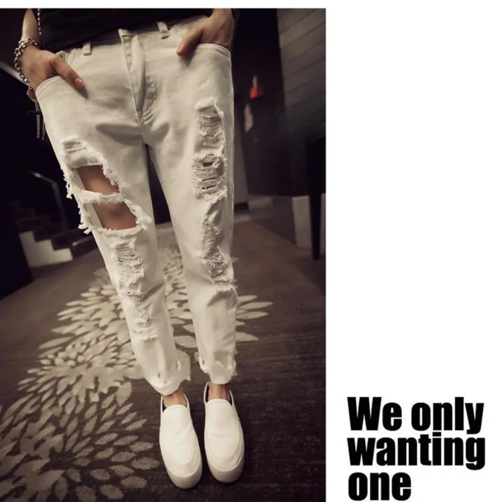 Low Waist Ripped Jean Pants Ladies White Loose Harem Pants