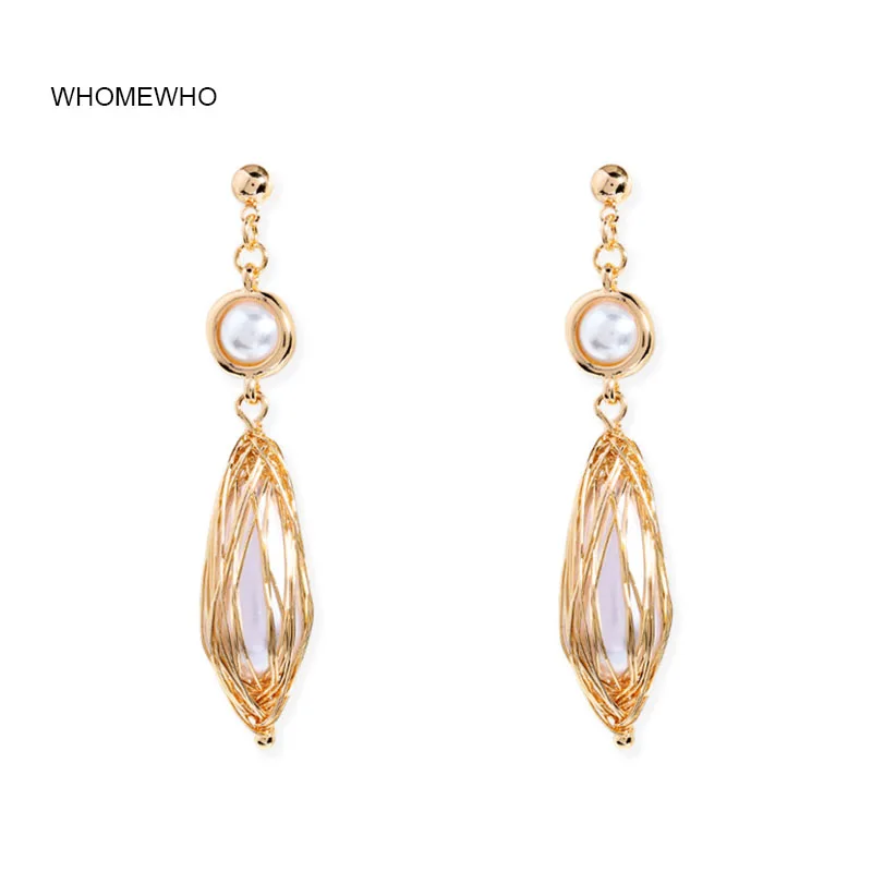 

Summer Beach Gold Metal Handmade Wired White Pearl Minimalist Drop Earrings Korean Fashion Party Designer Minimalism Jewelry