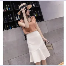 Новинка, Женская юбка-русалка, однотонная, летняя, Корейская, элегантная, высокая талия, для работы, юбки до колен, с оборками, миди юбки