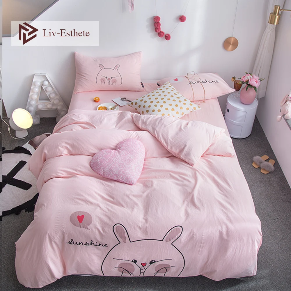 

Liv-Esthete Hot Sale Fashion Cute Kids Cartoon Bedding Set Pink Duvet Cover Flat Sheet Pillowcase Double Queen King Bed Linen