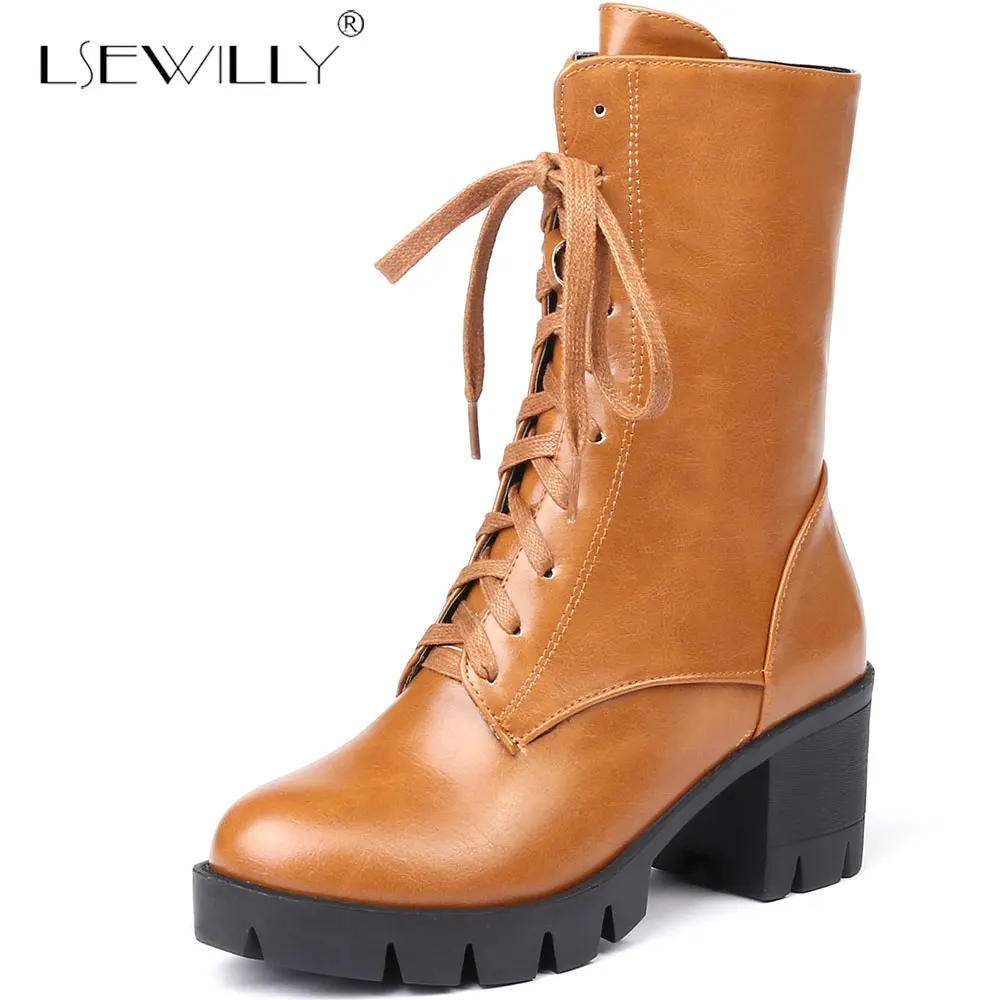 

Lsewilly Women Winter Lace Up Chunky Heel 2018 Ankle Boots Ladies Zip Fashion Platform High Heels Shoes Female Martin Boots