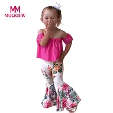 Коллекция года, комплект для малышей, рубашка для девочек летний комплект из 2 предметов для маленьких девочек, однотонный топ с открытыми плечами+ штаны с цветочным рисунком, комплект одежды