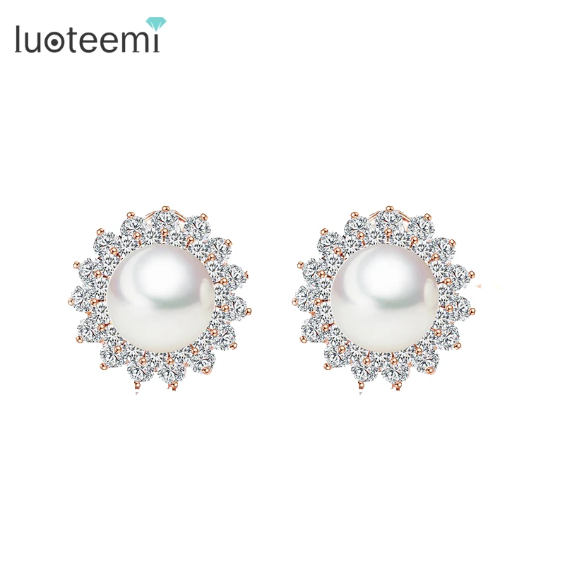 

LUOTEEMI Deluxe Fashion Premium Rose Gold-Color Flower Shape Synthetic Pearl French Clip Stud Earring For Women Jewelry Wedding