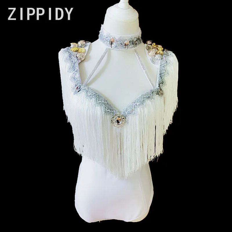 Sexy White Tassel Bra Short Long Tail Big Stones 3 Piece