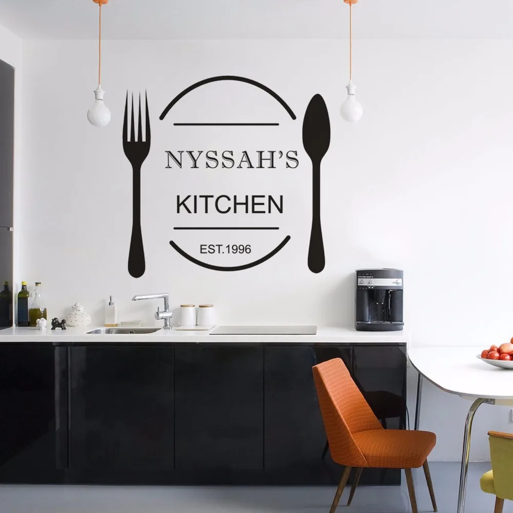 Custom Names Kitchen Wall Stickers Spoon Fork Vinyl Windows Poster Custom Est Year Wall Decal Kitchen Restaurant Decor AZ670