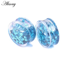 Alisouy 2 PCS persönliche Flüssigkeit Acryl Ohr Expander mit Blue Star Doppel Ausgestelltes Saddle Ohr Gauges 6mm zu 16mm piercing körper ohr