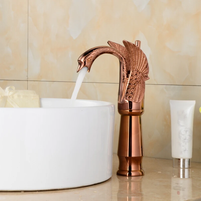 

Tall Rose Golden Basin Faucet Swan Shape Vessel Sink Mixer Single Handle
