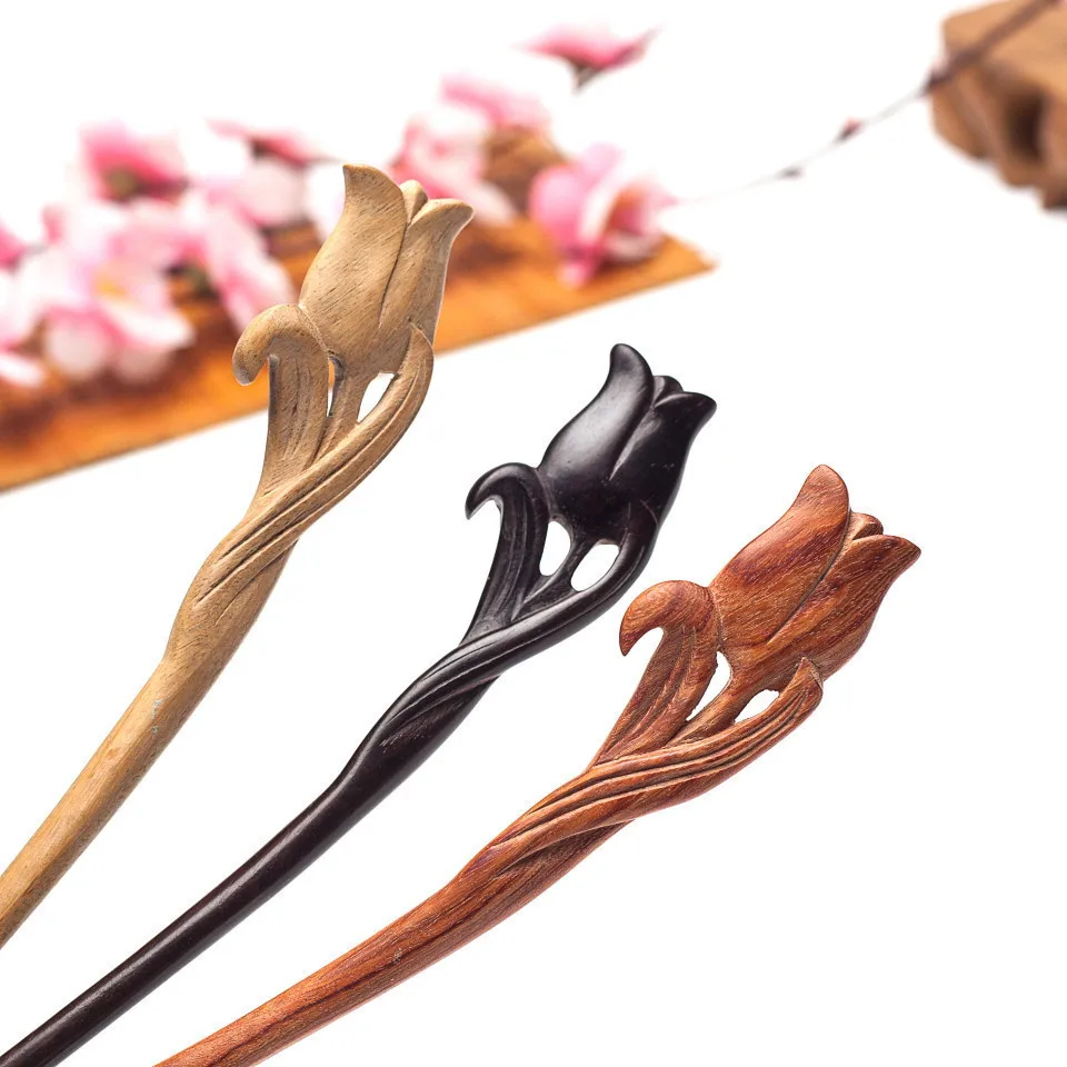 

Hair accessories jewelry Ethnic tulip hair clips Classic sandalwood coiled hairwear Hair sticks headbands for women lady hairpin