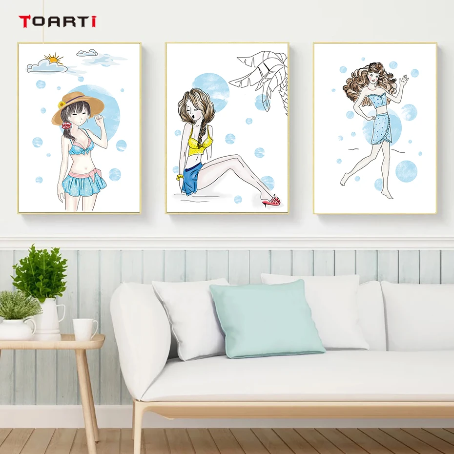 Sweet Girls Swimsuit Show Wall Art Colorful Cartoon Canvas Painting Modern Pictures Vintage Posters&Prints Girls Room Home Decor (5)
