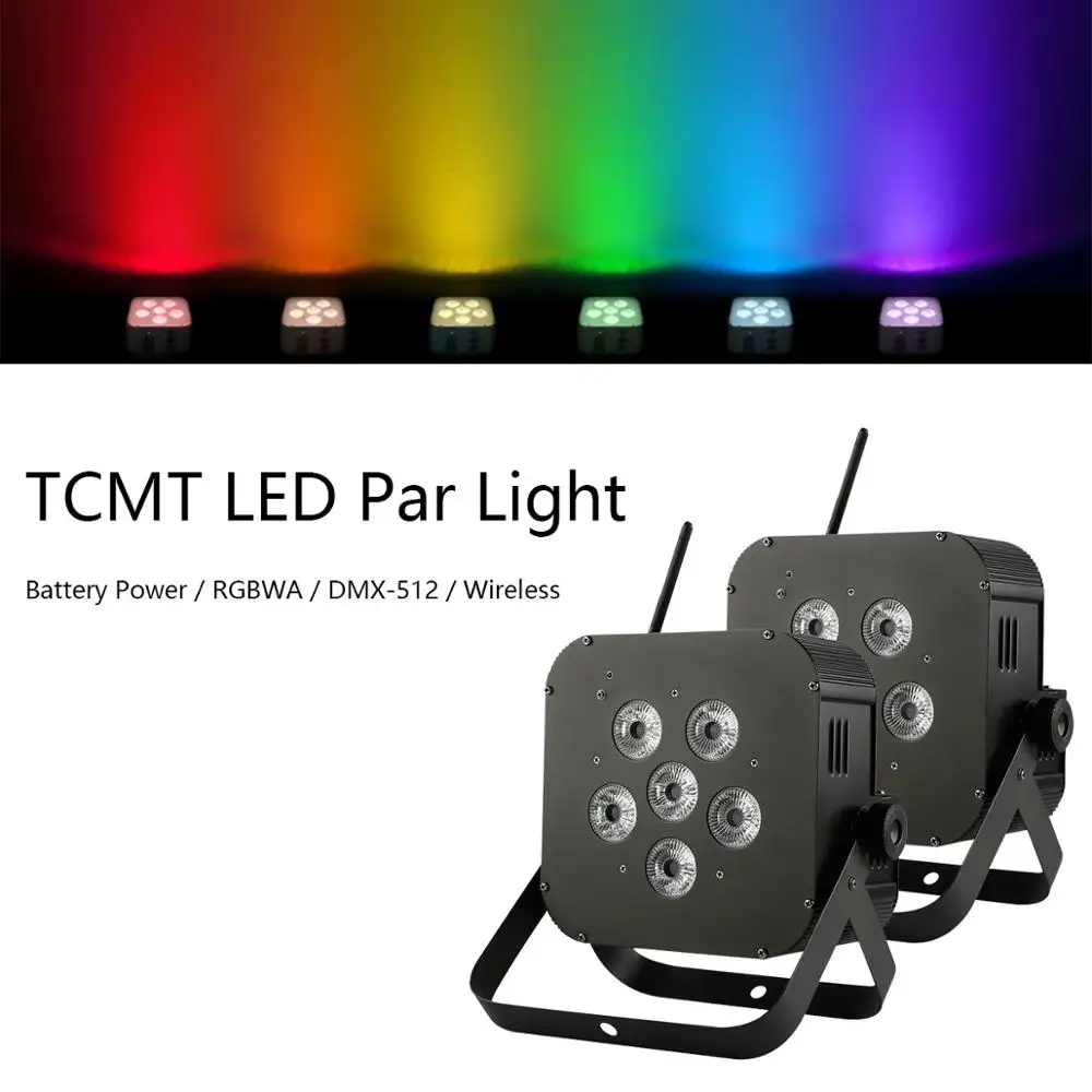 

2pc 6x15W LED Stage Flat Par light RGBWA 5IN1 Battery Power Wireless DMX 512