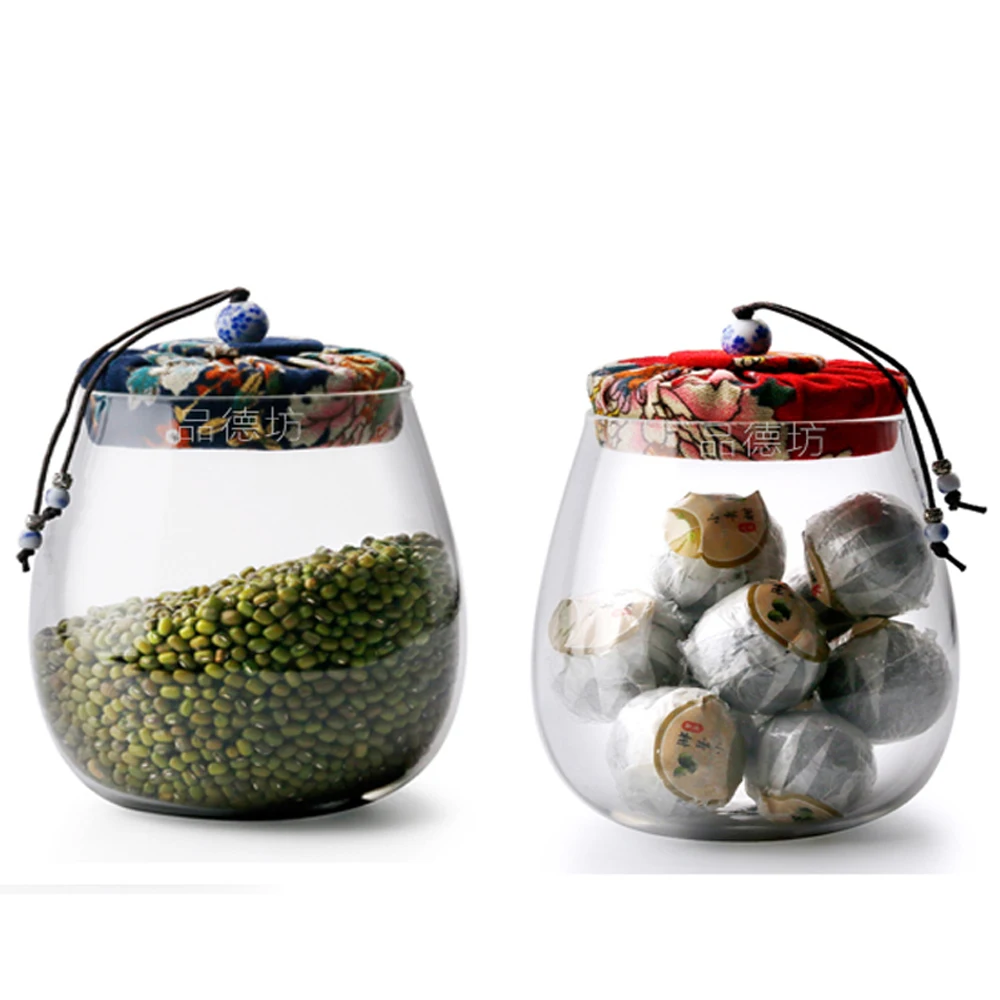 

PINDEFANG New Retro Style Clear Glass Tea Can W/ Cloth Covered Cork Lid Kitchen Food Storage Nuts Jar Goods Puerh tea Cannister