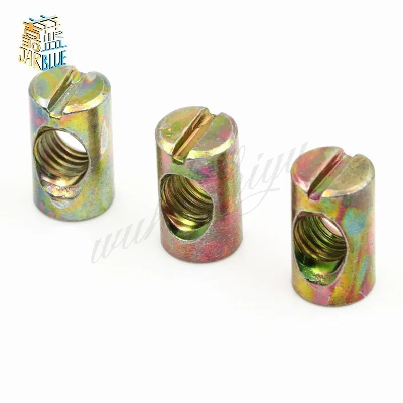50pcs M4 M5 M6 M8 배럴 볼트 크로스 은못 침대용 슬롯 피팅 용 의자 수평 구멍 너트 해머 내장 너트