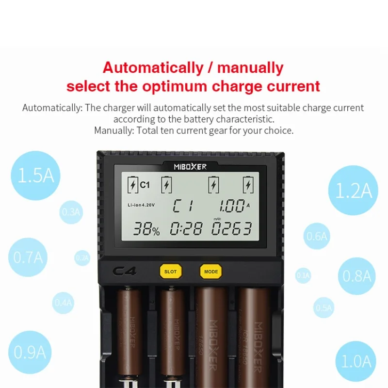 Najtaniej Miboxer C4 LCD Smart Batterie Ladegerat futro Li Ion IMR ICR LiFePO4 3.7v 18650 14500 26650 21700 AAA Batterien 100 800mah 1.5A