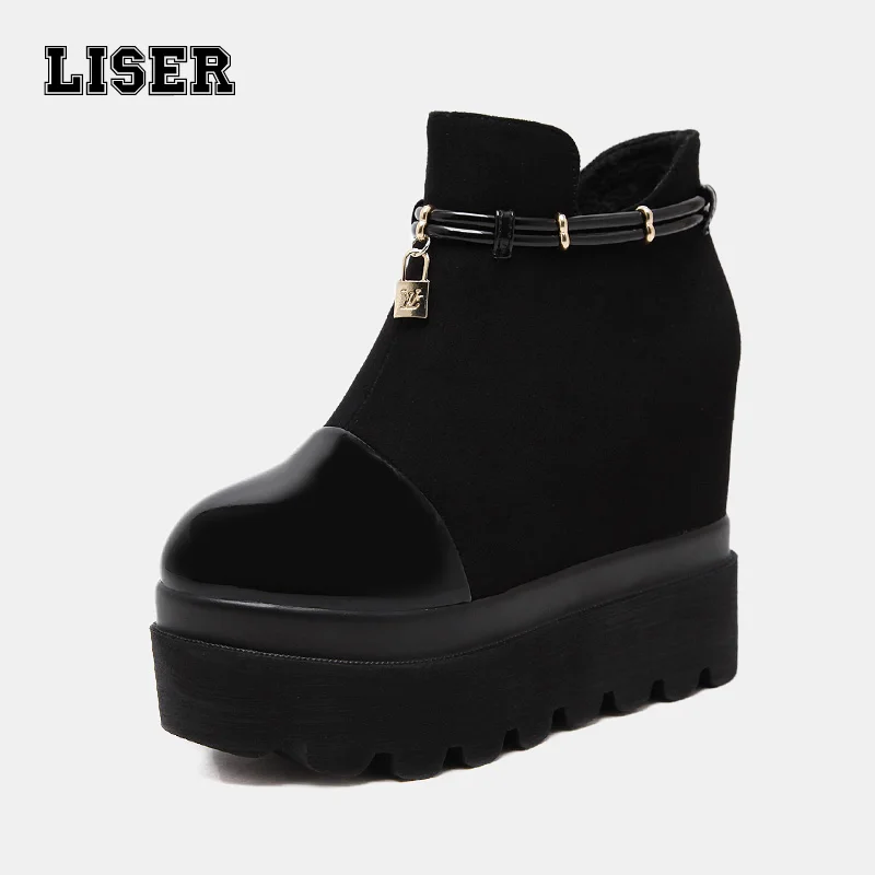 

Women's Gothic style ankle boots super high platform heighten increase heels patent leather round toe flock upper black booties